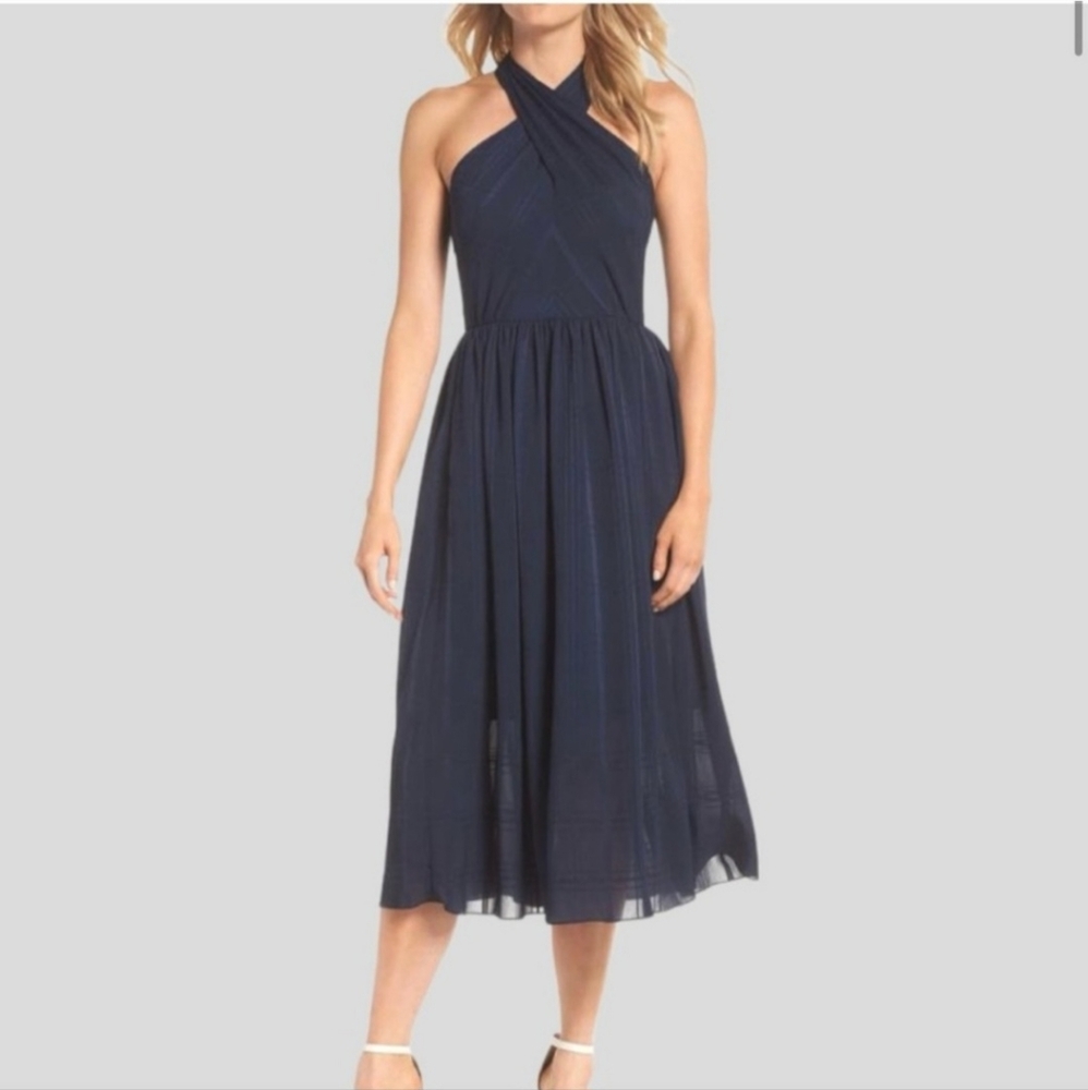 Gal Meets Glam Mia‎ Navy Halter Cross Front Midi Dress
